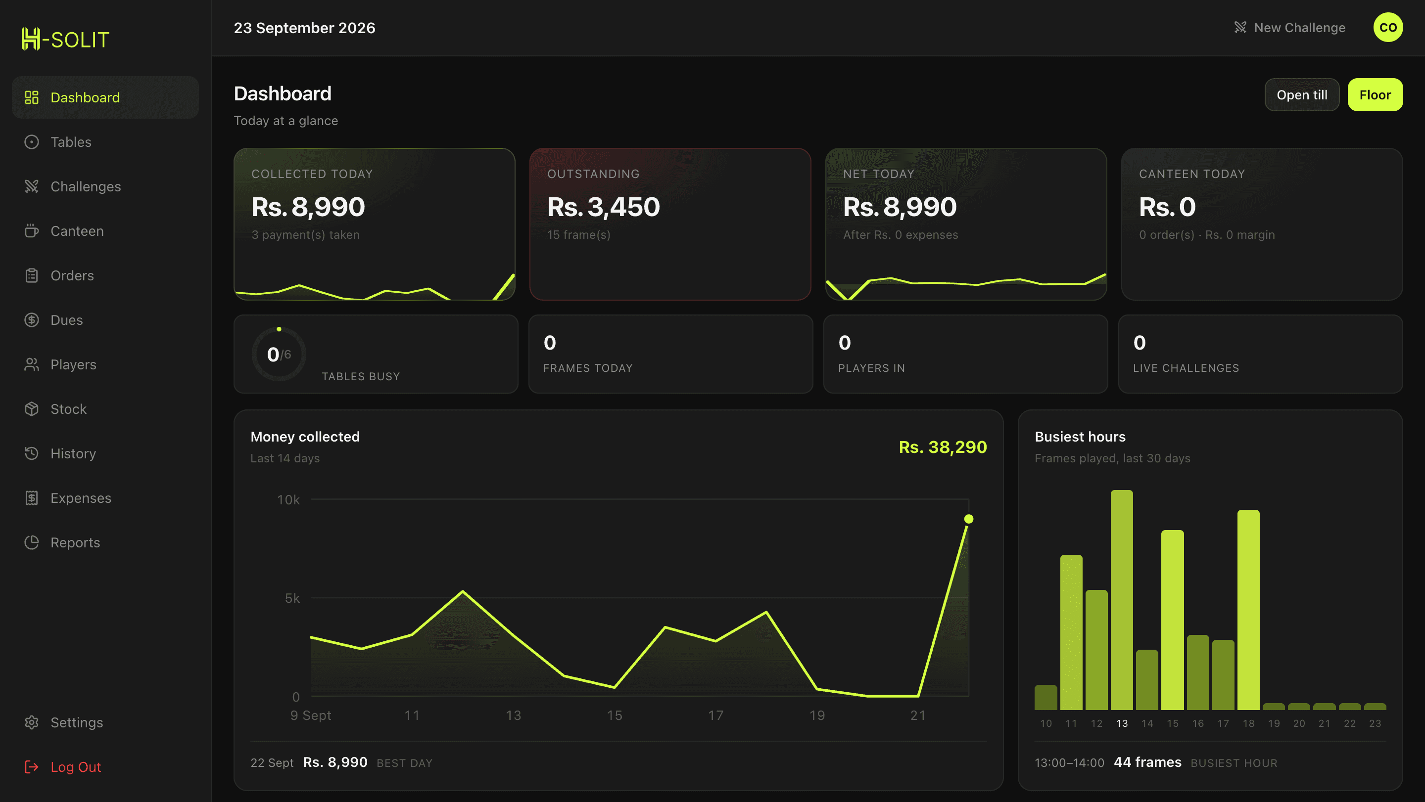 Snooker Club Manager dashboard